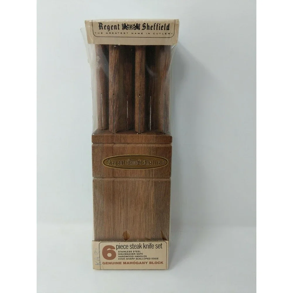 Vintage Regent & Sheffield 6 Piece Steak Knife Set w/ Genuine Mahogany Block NOS